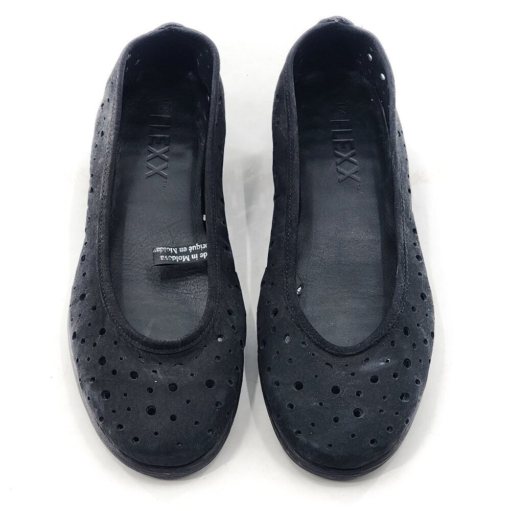 THE FLEXX Nubuck Leather Perforated Low Wedges Black Size 8.5 - Picture 2 of 6
